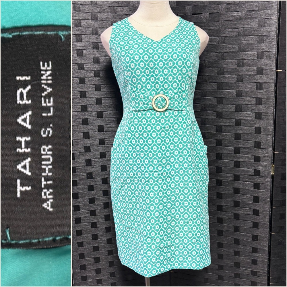 Tahari 6 Sheath Dress Green White Geometric Floral O-Ring Belted‎ Mod Retro